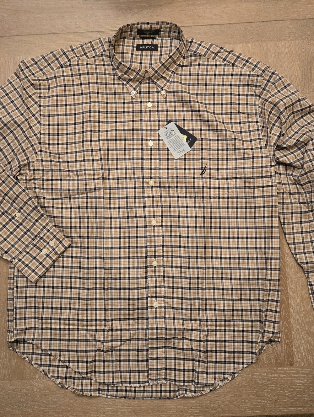 Nautica Men's Beige and Navy Plaid Button-Down Shirt